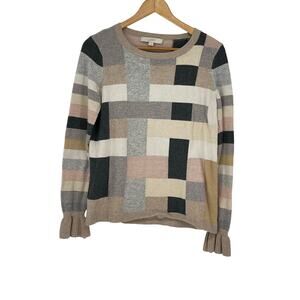 Loft‎ Colorblock Sweater Size S Ruffle Cuff Wool Mohair Blend Chic Casual Cozy